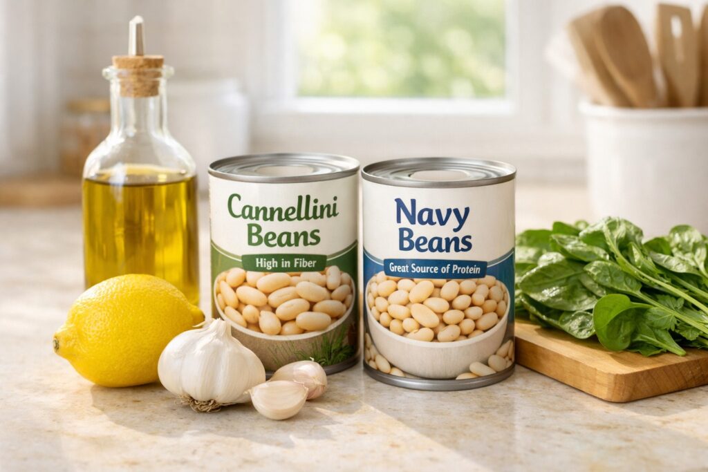 white beans nutrition - Bright kitchen counter with canned white beans (cannellini and navy), fresh garlic, lemon, olive oil, and leafy greens in natural light