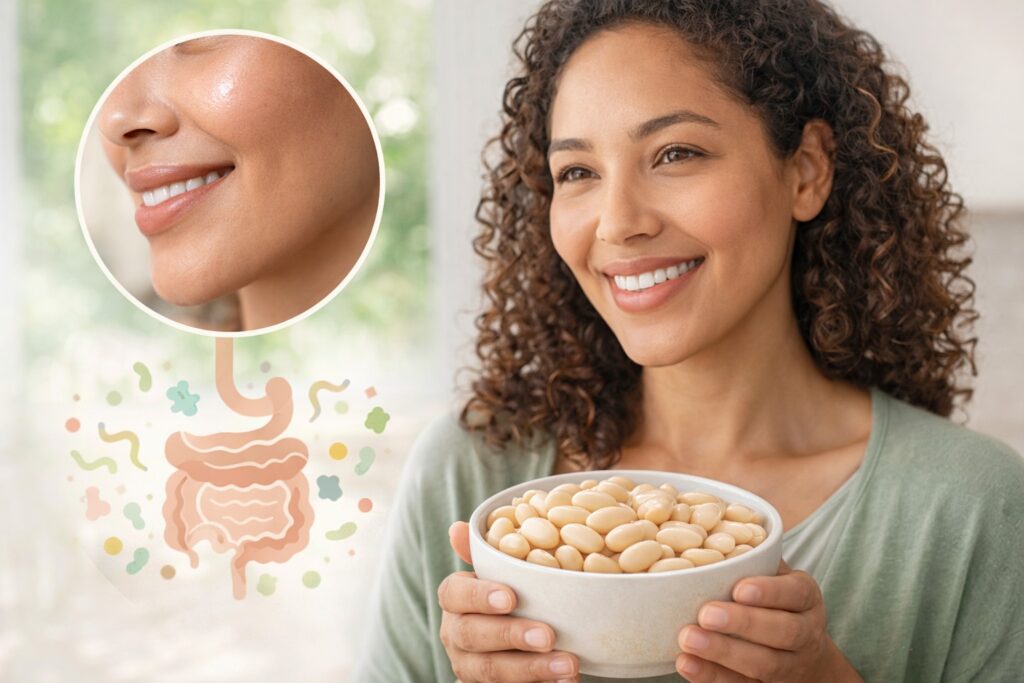 Woman holding a bowl of white beans with glowing skin inset and gut microbiome illustration, showing gut health and skin connection