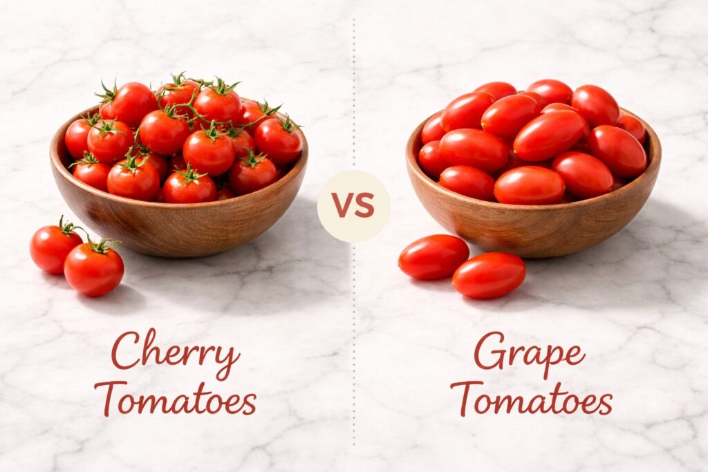 Fresh red cherry tomatoes in a matte white ceramic bowl on a light marble countertop with soft shadows and a pastel background.