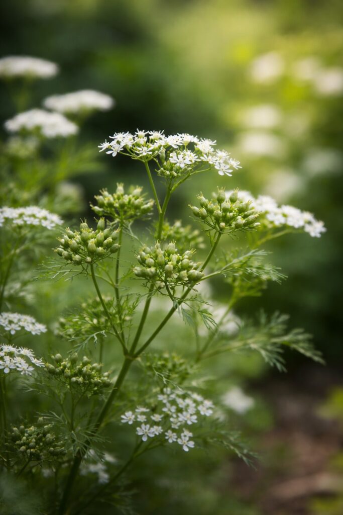 Coriandrum sativum plant with delicate white flowers and developing coriander seed pods growing in garden