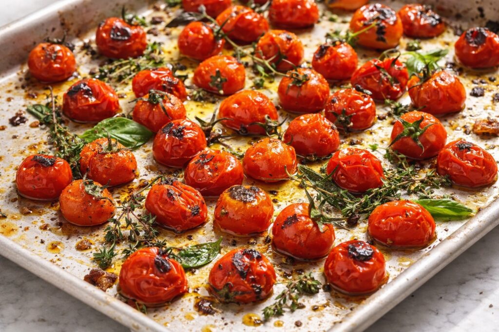 Oven roasted cherry tomatoes with herbs on a sheet pan, blistered and caramelized.