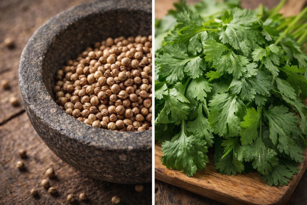 Split image showing dried coriander seeds in mortar on left and fresh cilantro leaves on cutting board on right