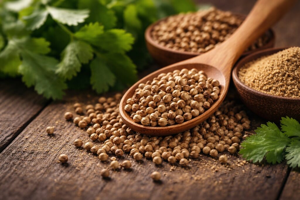 What is coriander: whole coriander seeds with fresh cilantro leaves and ground coriander powder on rustic table
