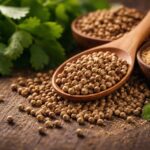 What is coriander: whole coriander seeds with fresh cilantro leaves and ground coriander powder on rustic table