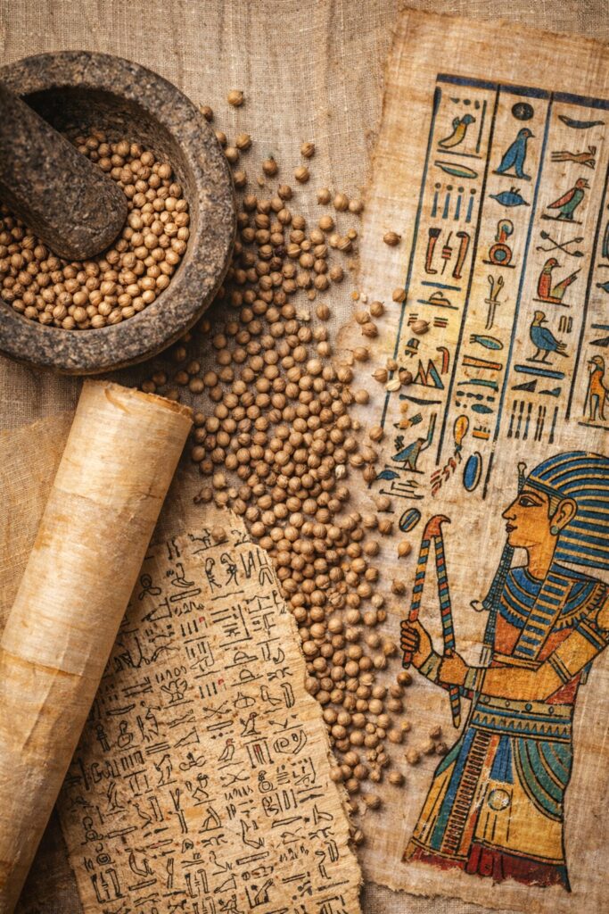 Coriander seeds beside papyrus scroll, Egyptian hieroglyphic replica, and antique stone mortar in artistic flat lay