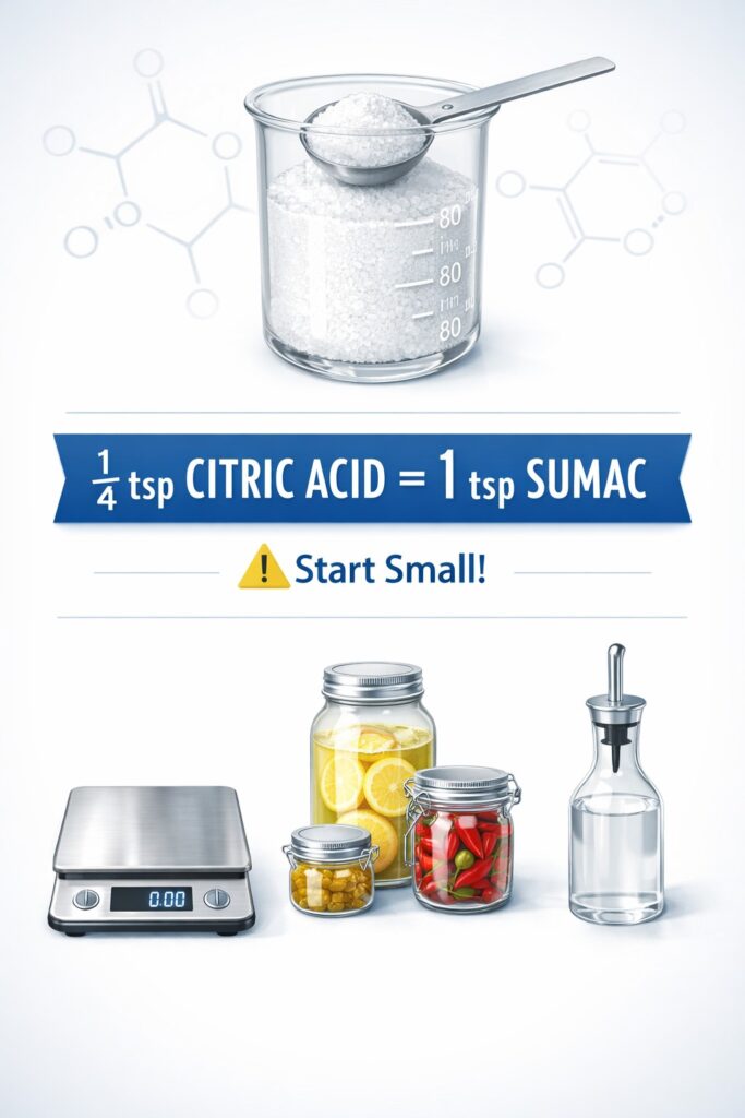 Infographic showing citric acid as a sumac substitute with ratio one quarter teaspoon citric acid equals one teaspoon sumac and usage examples.