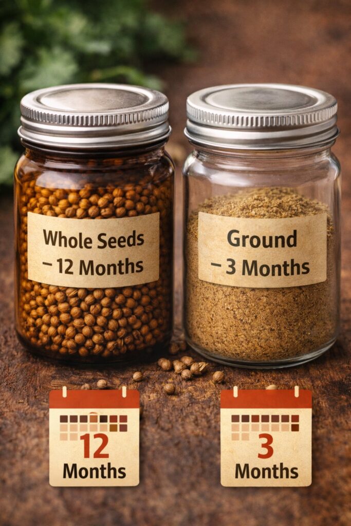 Dark amber jar with whole coriander seeds labeled 12 months beside clear jar with ground coriander labeled 3 months with calendar icons