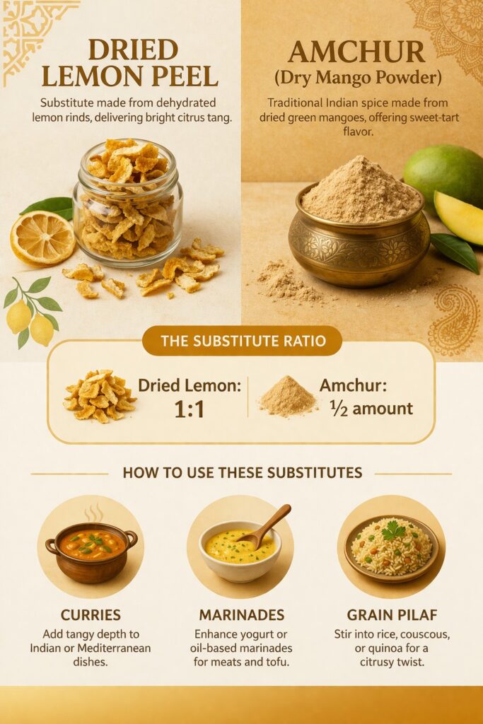 Split infographic comparing dried lemon peel and amchur as sumac substitutes with ratios 1 to 1 for dried lemon and half amount for amchur plus usage ideas.