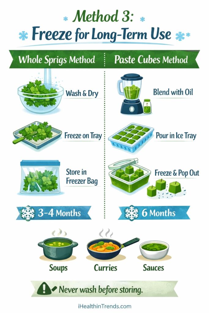 Infographic showing how to freeze cilantro using whole sprigs and paste cubes methods for long term storage - How to Keep Fresh Cilantro