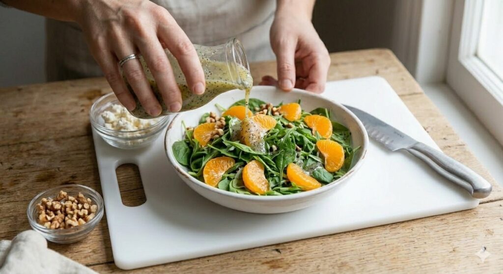 Fresh mandarin orange salad close-up with juicy citrus segments, spinach and arugula greens, feta cheese crumbles, walnuts, and light poppy seed dressing.