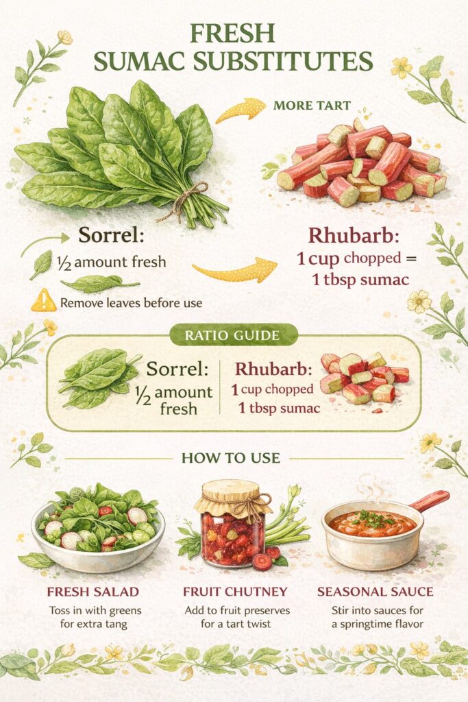 Infographic showing fresh sumac substitutes sorrel and rhubarb with ratios half amount fresh sorrel and one cup chopped rhubarb equals one tablespoon sumac plus usage ideas.