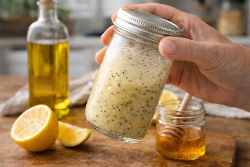 Homemade poppy seed dressing in a glass jar with olive oil, lemon juice, honey, and poppy seeds being shaken for mandarin orange salad.