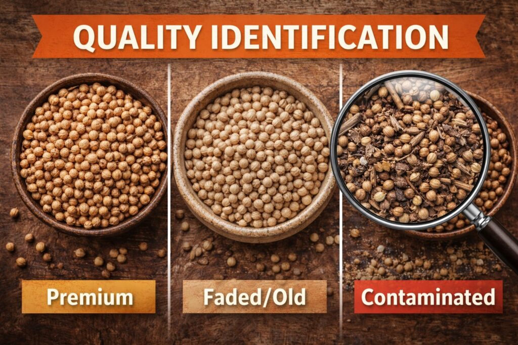 Infographic showing premium golden-brown coriander seeds, faded old seeds, and contaminated seeds with debris under magnifying glass