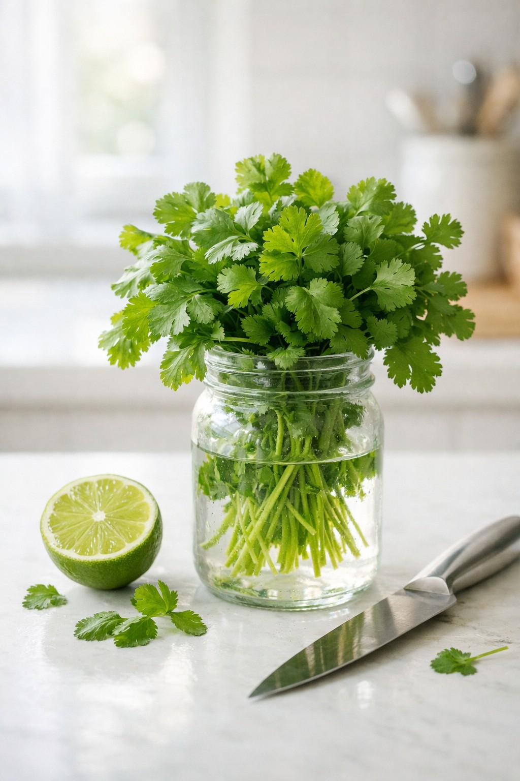 Fresh cilantro stored in a mason jar with water on a kitchen counter to keep it fresh longer