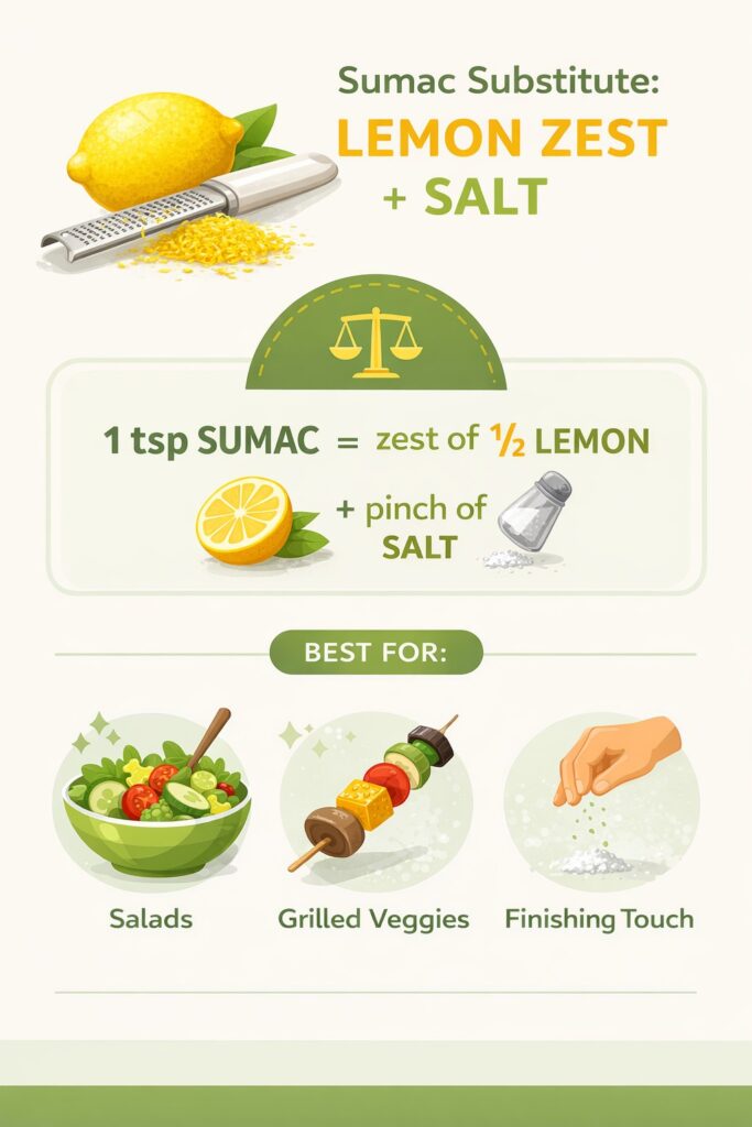 Vertical infographic showing lemon zest and salt as a sumac substitute with ratio 1 teaspoon sumac equals zest of half lemon plus a pinch of salt and usage ideas.