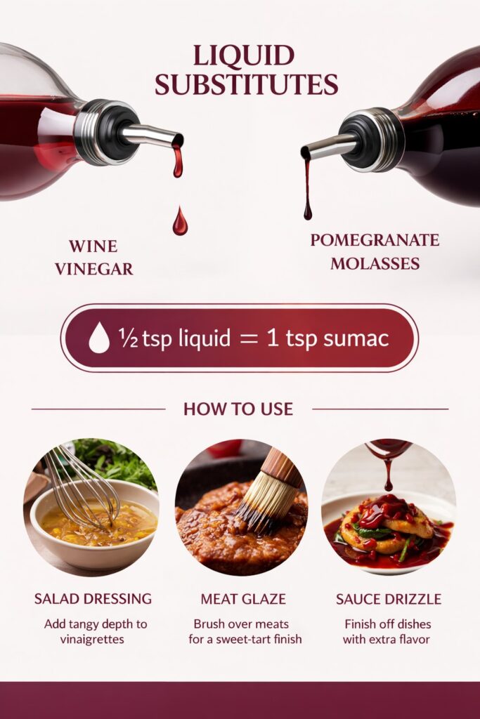 Vertical infographic showing liquid substitutes for sumac including red wine vinegar and pomegranate molasses with ratio half teaspoon liquid equals one teaspoon sumac and usage ideas.
