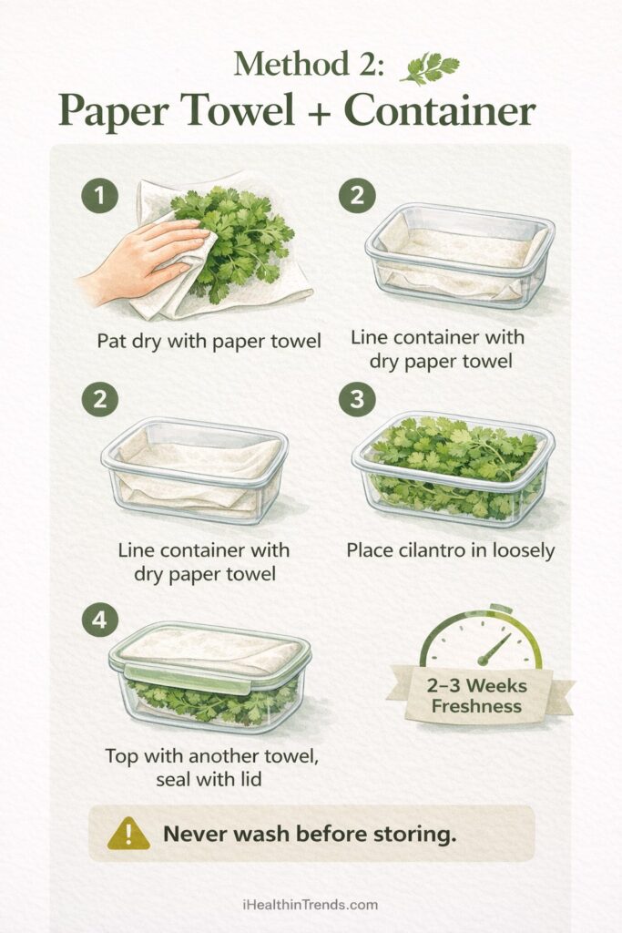 Infographic showing paper towel and container method to store cilantro and keep it fresh for 2 to 3 weeks - How to keep fresh Cilantro