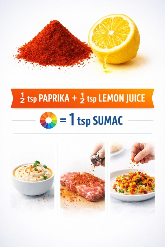 Infographic showing paprika and lemon juice as a sumac substitute with ratio half teaspoon paprika plus half teaspoon lemon juice equals one teaspoon sumac and usage examples.