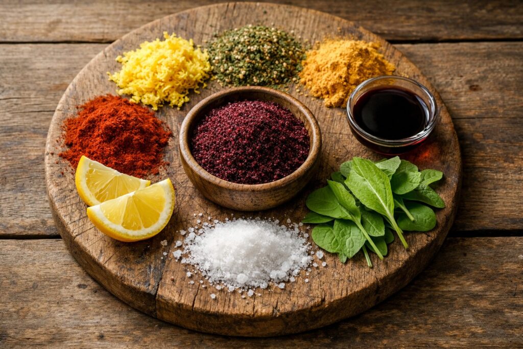 Overhead flat lay of sumac spice in a wooden bowl with seven substitutes including lemon zest, za’atar, dried mango powder, paprika, sorrel leaves, citric acid, and pomegranate molasses. - Sumac Spice Substitute