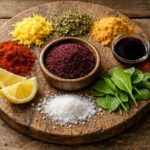 Overhead flat-lay of sumac spice in a wooden bowl with seven substitutes including lemon zest, za’atar, dried mango powder, paprika, sorrel leaves, citric acid, and pomegranate molasses.