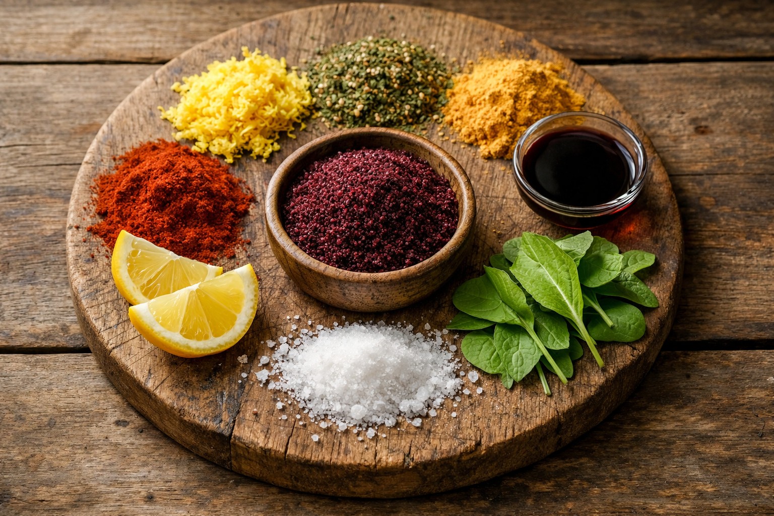 Overhead flat-lay of sumac spice in a wooden bowl with seven substitutes including lemon zest, za’atar, dried mango powder, paprika, sorrel leaves, citric acid, and pomegranate molasses.