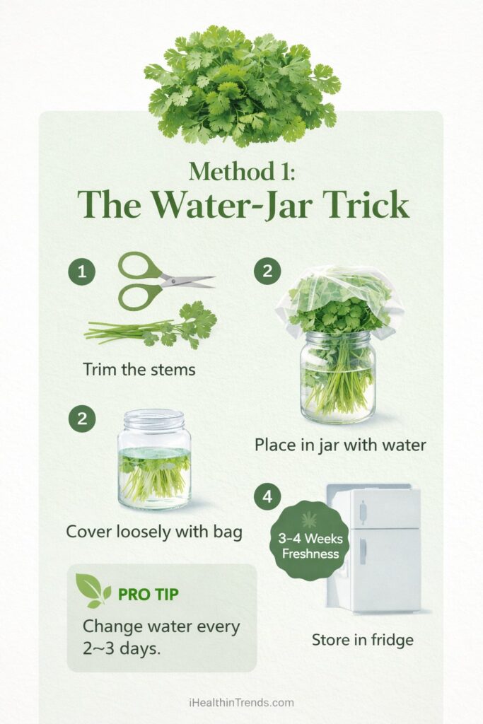 Infographic showing water jar method to keep cilantro fresh with step-by-step process and fridge storage tips - How to Keep Fresh Cilantro