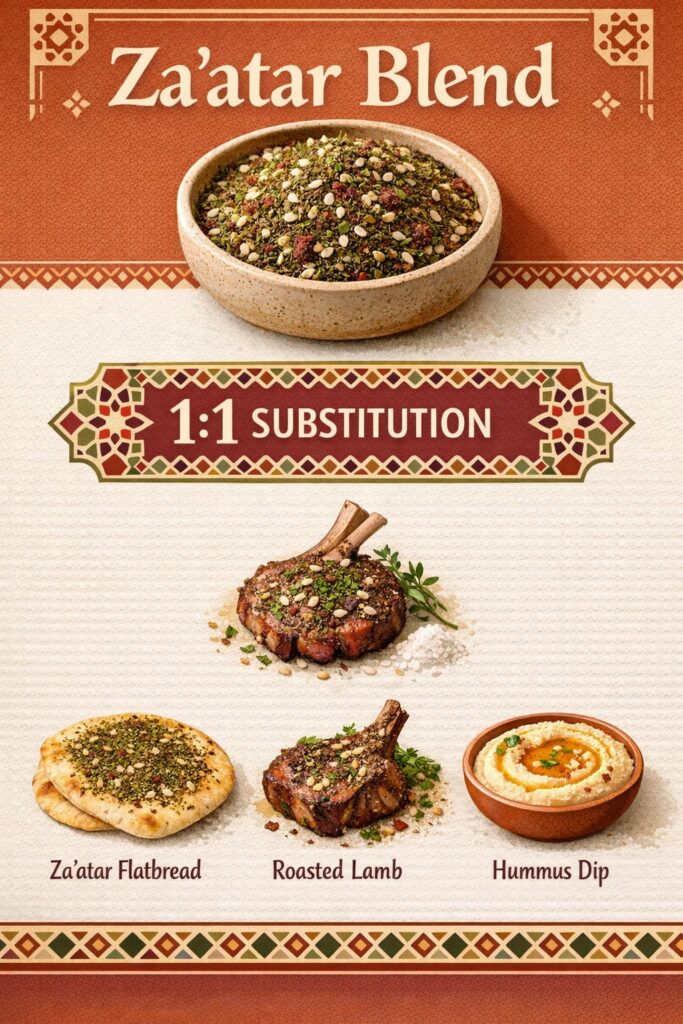 Vertical infographic showing za’atar blend as a sumac substitute with 1 to 1 ratio and uses like flatbread, roasted lamb, and hummus dip.