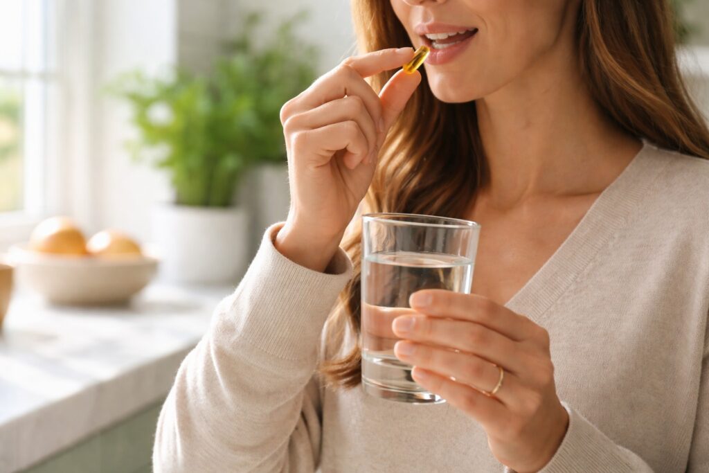 a beautiful lady taking oregano oil capsule with glass of water in a bright kitchen setting