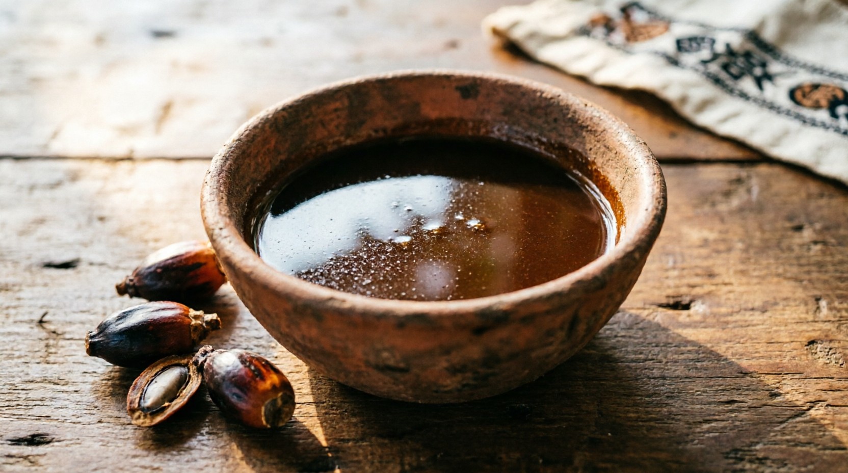 Authentic batana oil in traditional Honduran clay bowl with raw palm nuts for natural hair growth and scalp treatment