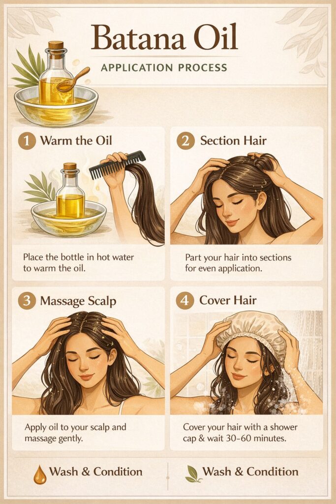 Step by step batana oil application guide showing warming oil, sectioning hair, scalp massage, covering hair, and washing process