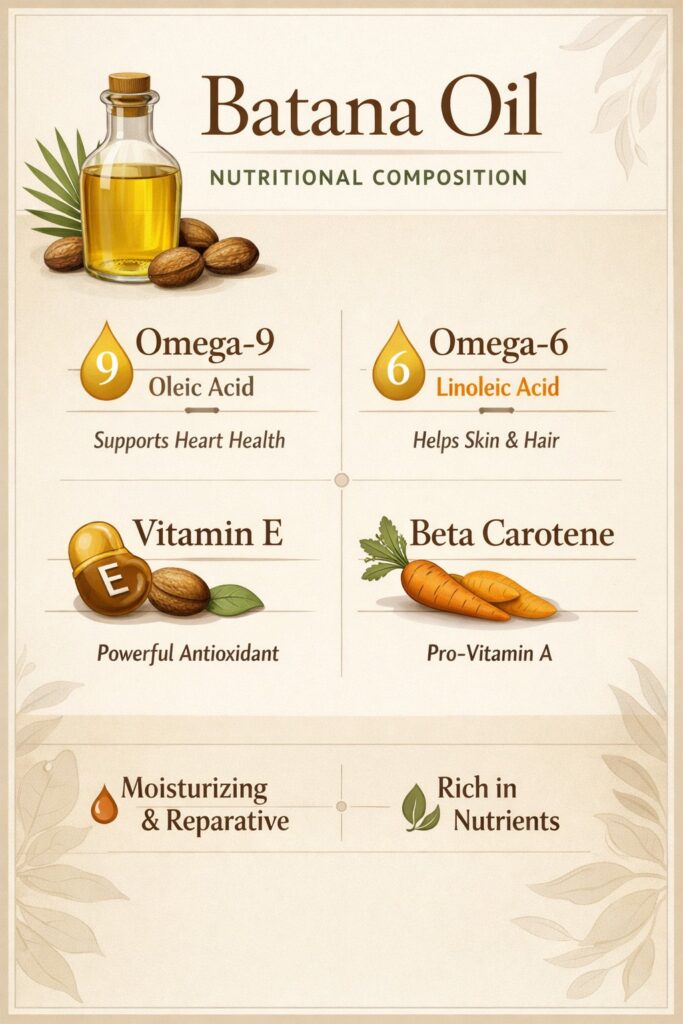 Batana oil nutritional composition infographic showing omega-9, omega-6, vitamin E, and beta carotene