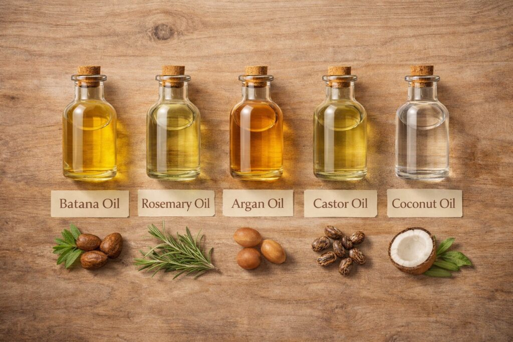 Comparison of batana oil, rosemary oil, argan oil, castor oil, and coconut oil in glass bottles on wooden background