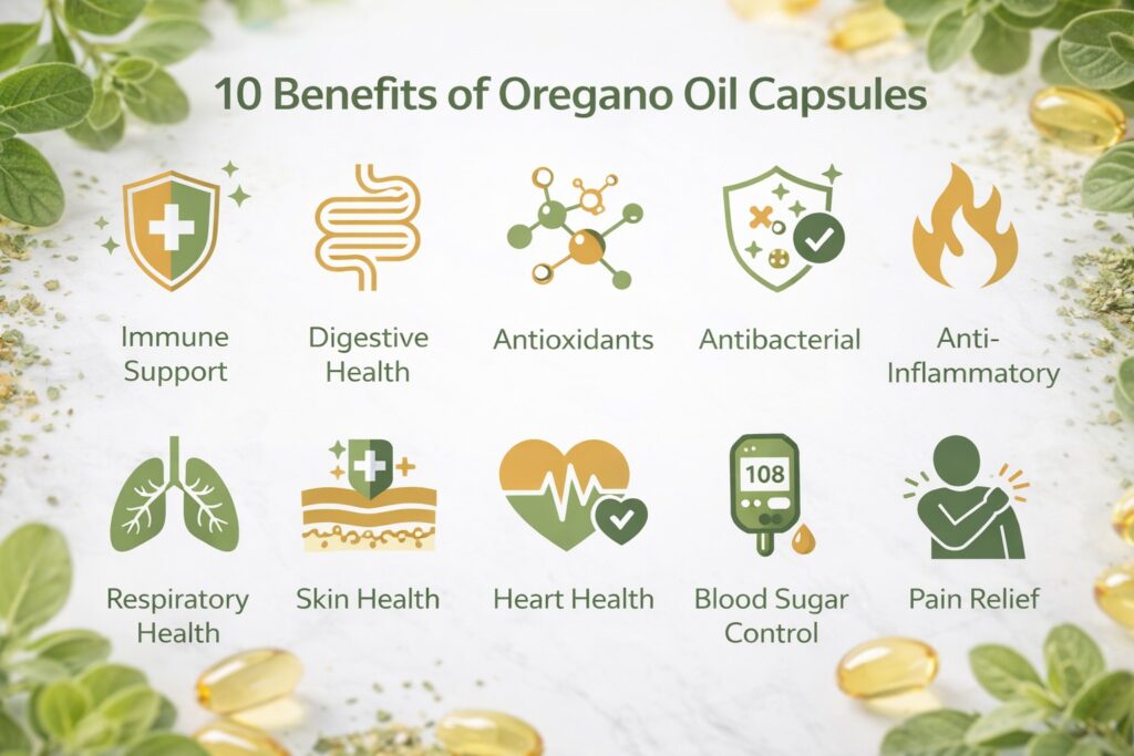 Infographic showing 10 health benefits of oregano oil capsules with icons, oregano leaves, and capsules background