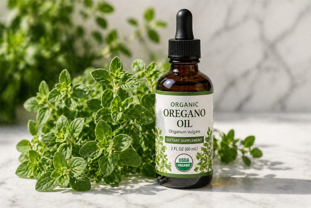 Fresh oregano plant leaves next to organic oregano oil dropper bottle with USDA Organic label on marble background