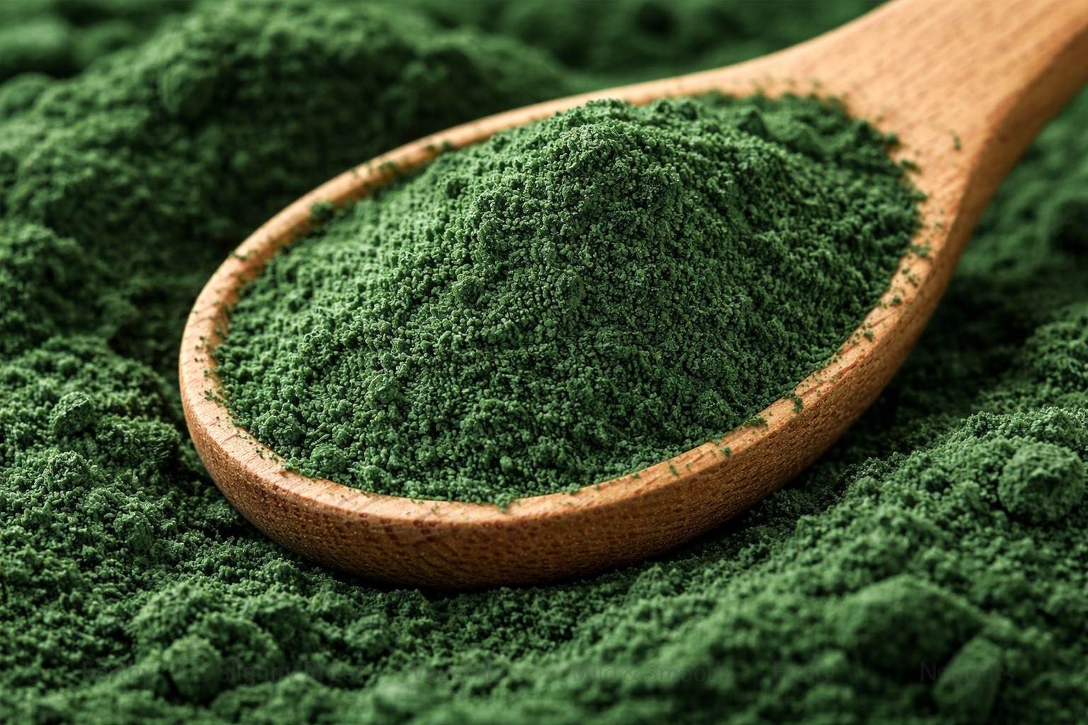 Fine green spirulina powder in a wooden spoon showing dark green color and smooth texture