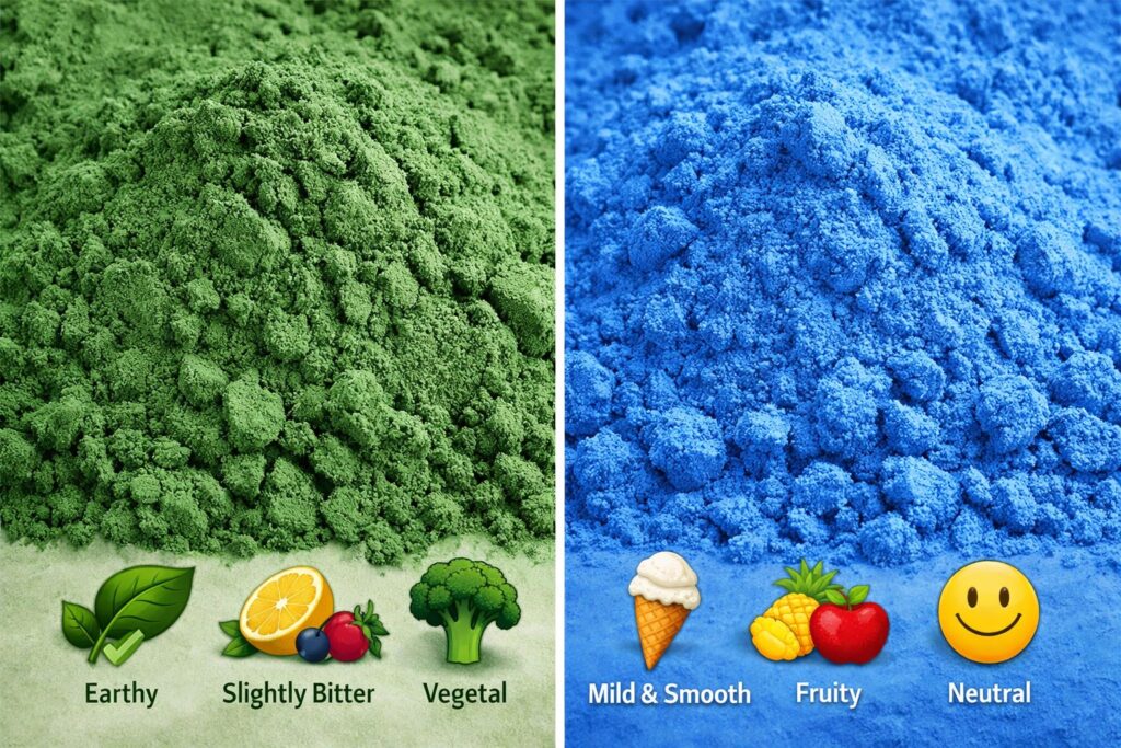 What Does Spirulina Taste Like -Green vs blue spirulina powder comparison showing color, texture, and taste differences side by side