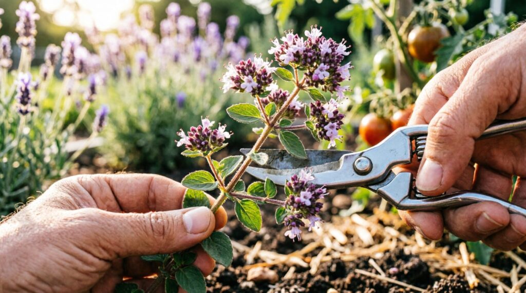 Hand harvesting fresh Origanum vulgare stems at peak flowering with pruning shears for maximum essential oil content
