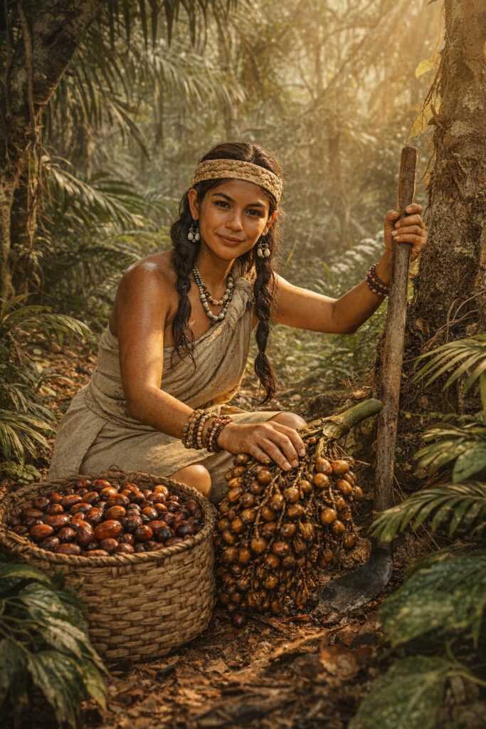 Honduran Miskito woman harvesting palm nuts in rainforest for traditional batana oil production