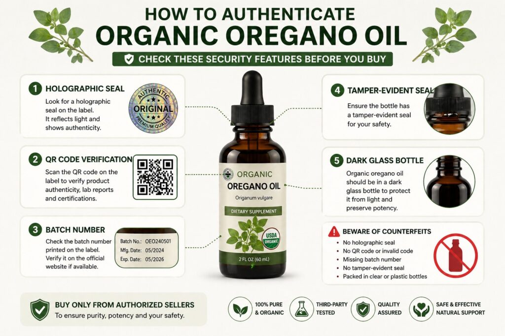 Infographic showing how to authenticate oregano oil with holographic seal, QR code verification, batch number, tamper seal, and dark glass bottle