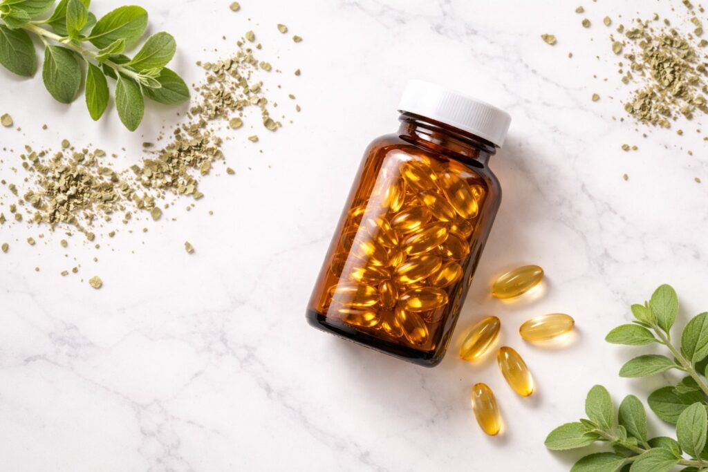 oil of Oregano capsules in amber glass bottle with dried oregano leaves on white marble background
