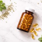 Oregano oil capsules in amber glass bottle with dried oregano leaves on white marble background