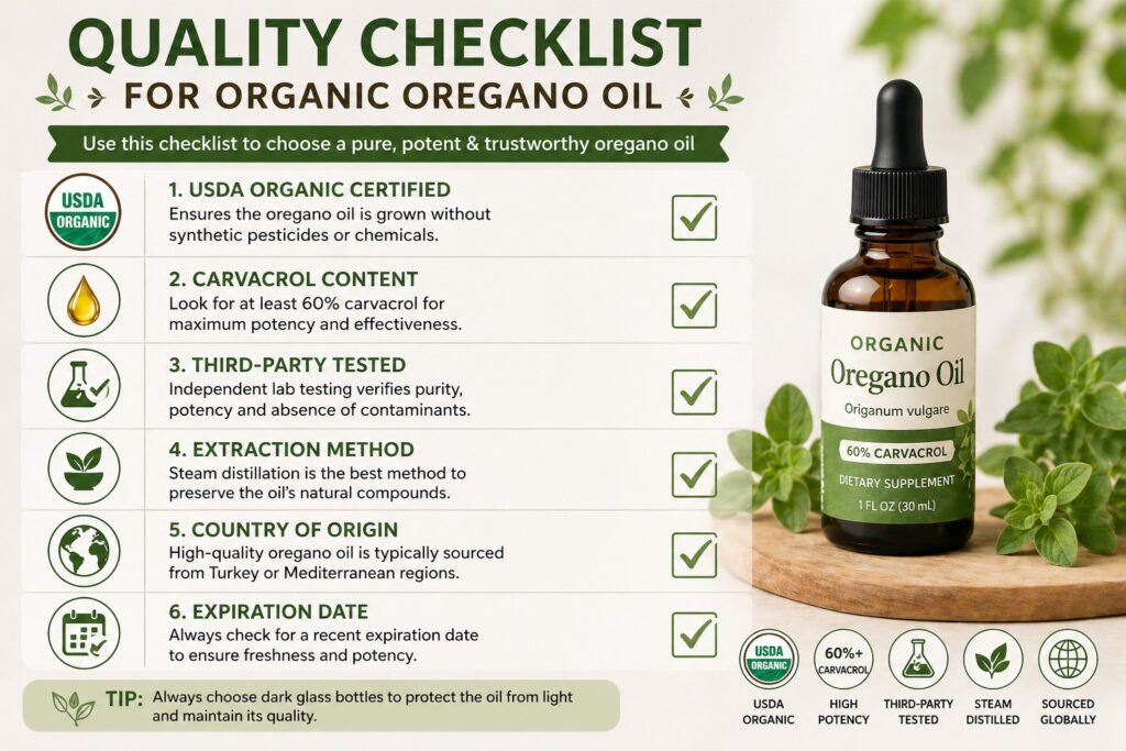 Checklist infographic showing quality indicators for organic oregano oil including USDA Organic, carvacrol content, third-party testing, extraction method, origin, and expiration date
