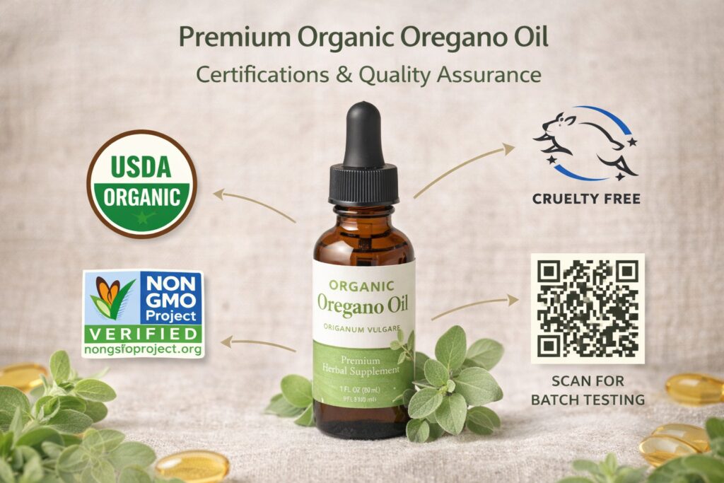 Organic oregano oil bottle with USDA Organic, Non-GMO, cruelty-free badges and QR code for batch testing