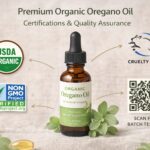 Organic oregano oil bottle with USDA Organic, Non-GMO, cruelty-free badges and QR code for batch testing