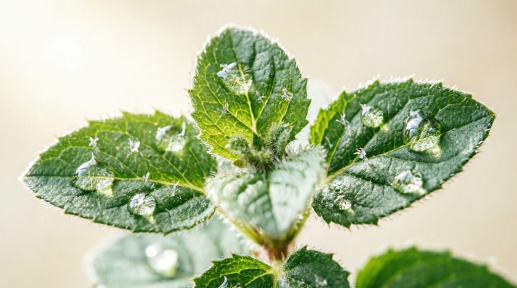Close-up of Origanum vulgare hirtum leaves showing glandular trichomes rich in carvacrol