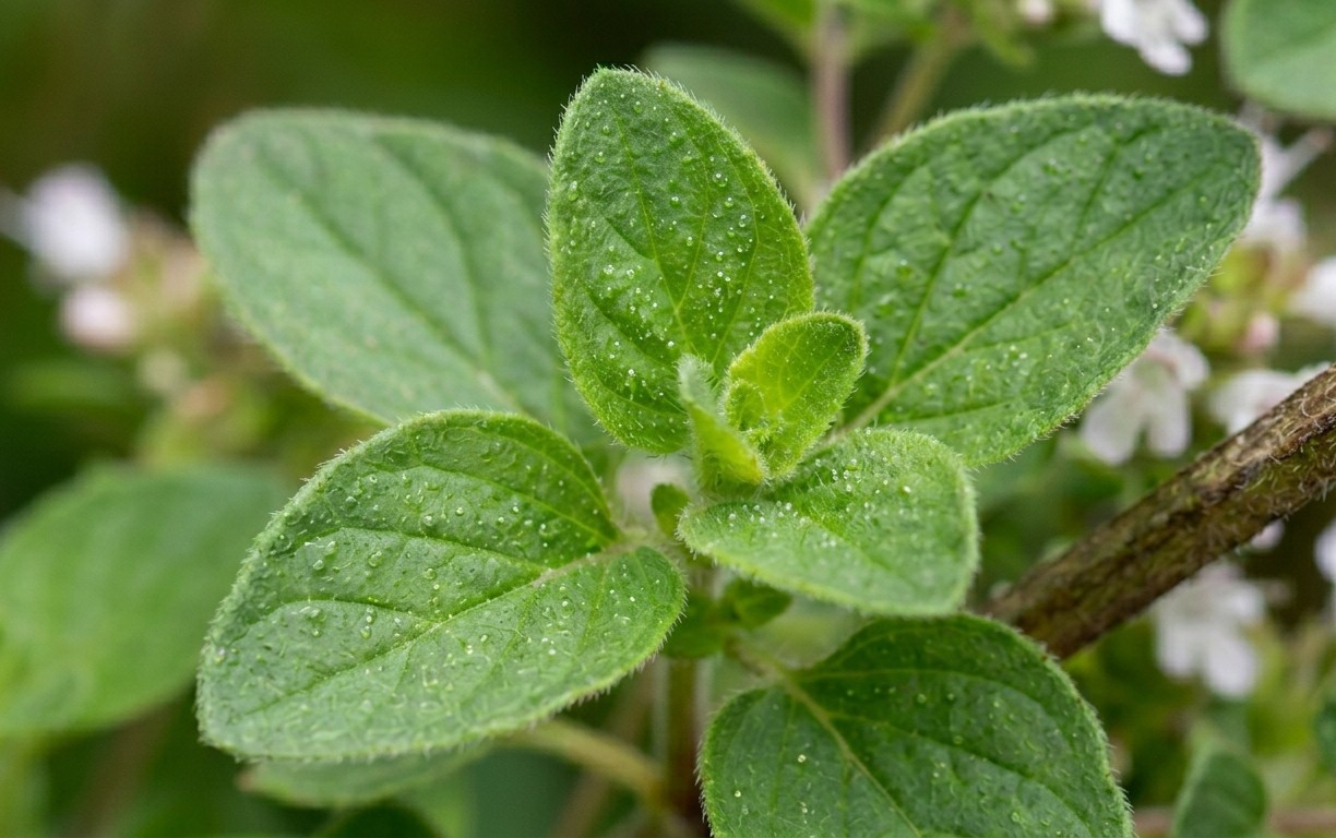 Close-up of Origanum vulgare hirtum leaves showing glandular trichomes rich in carvacrol essential oil