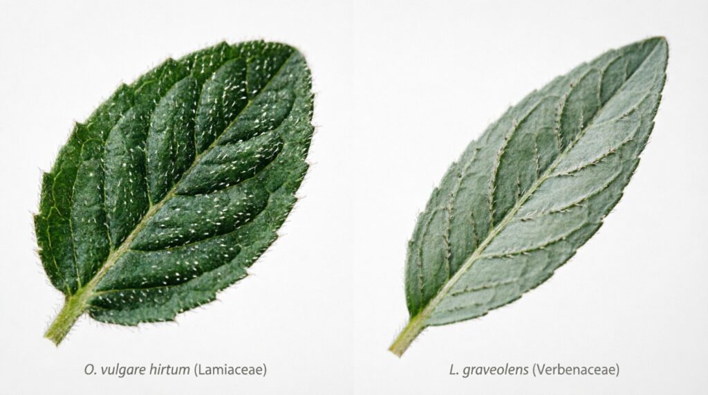 Side-by-side comparison of Origanum vulgare hirtum and Lippia graveolens leaves showing botanical differences in trichome density and leaf structure