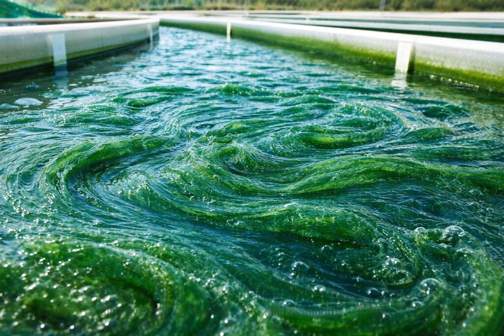 Blue-green spirulina algae growing in freshwater cultivation tanks showing natural color and texture