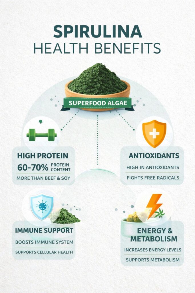 Infographic showing spirulina health benefits including protein content, antioxidants, immune support, and energy boost
