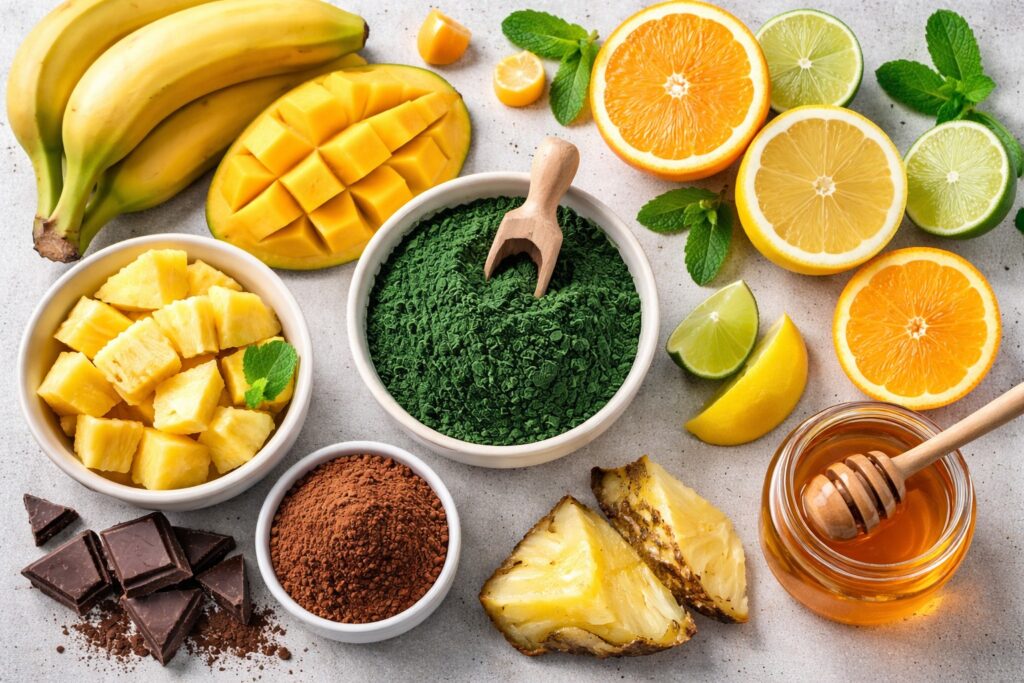 Fruits and ingredients that help mask spirulina taste including banana, mango, citrus, cocoa, and honey